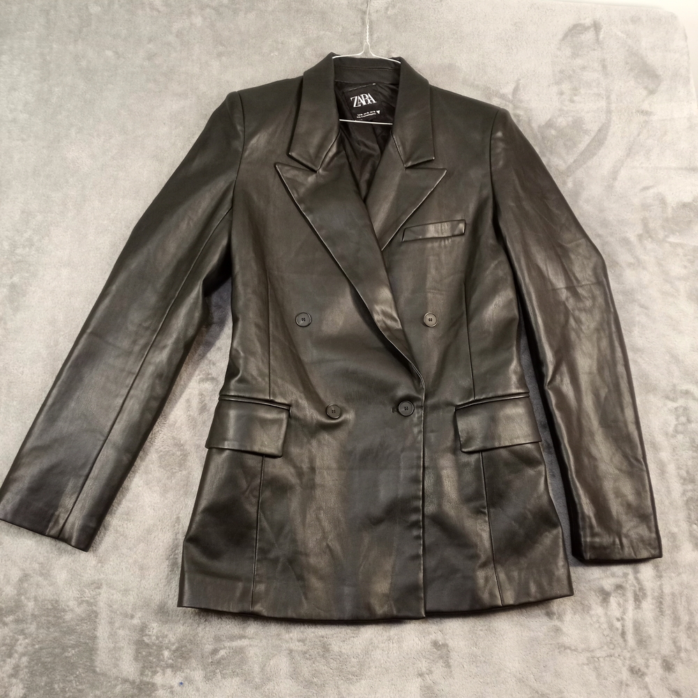 Zara Women's Black Faux Leather Blazer Jacket Size Medium - Picture 1 of 16